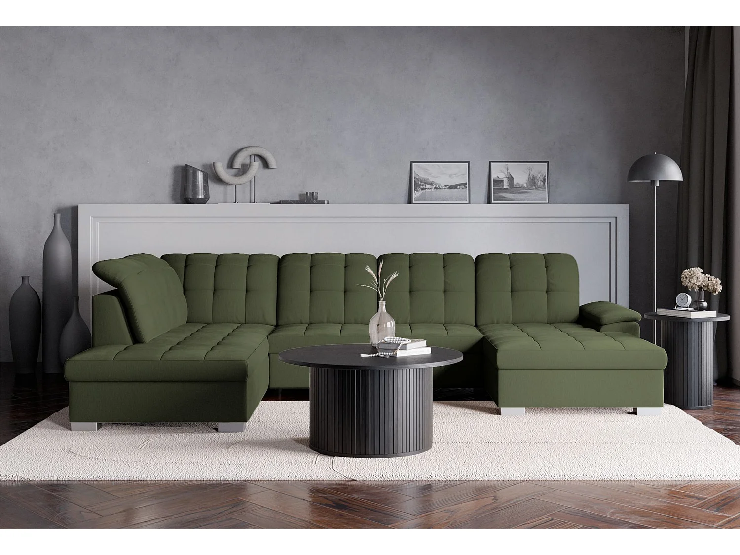 Canapé d'angle U convertible –vert olive tressé– côté droit – JAMAAL