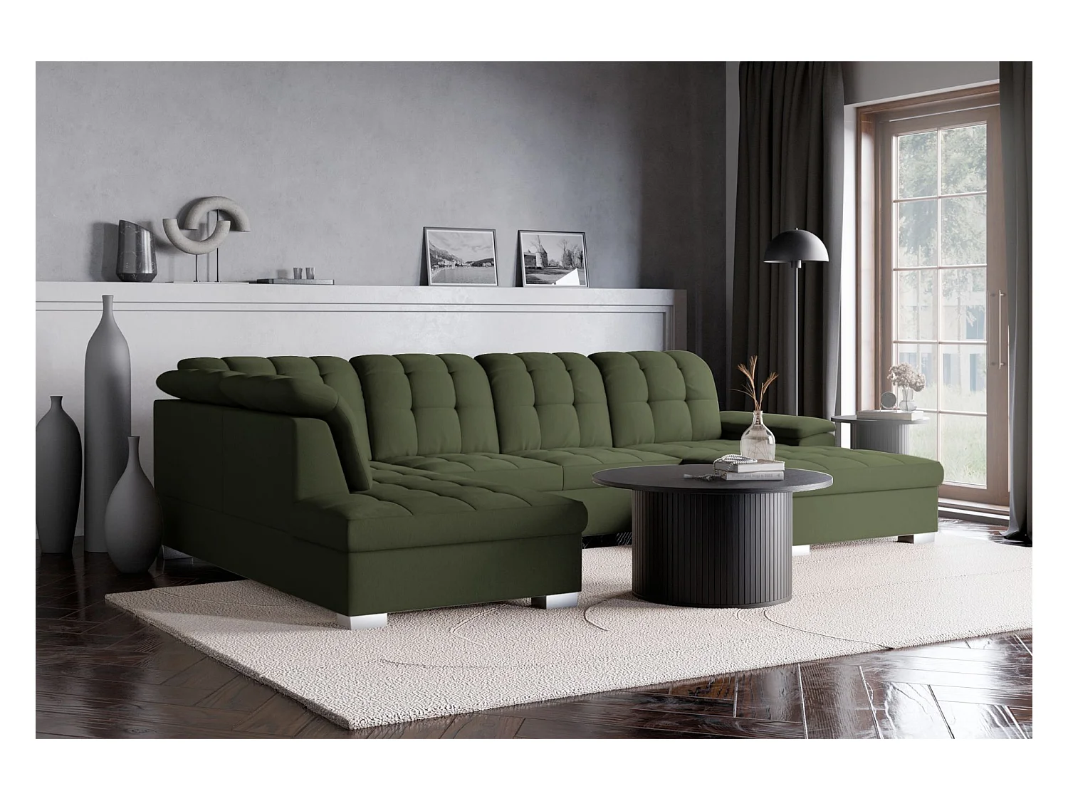 Canapé d'angle U convertible –vert olive tressé– côté droit – JAMAAL