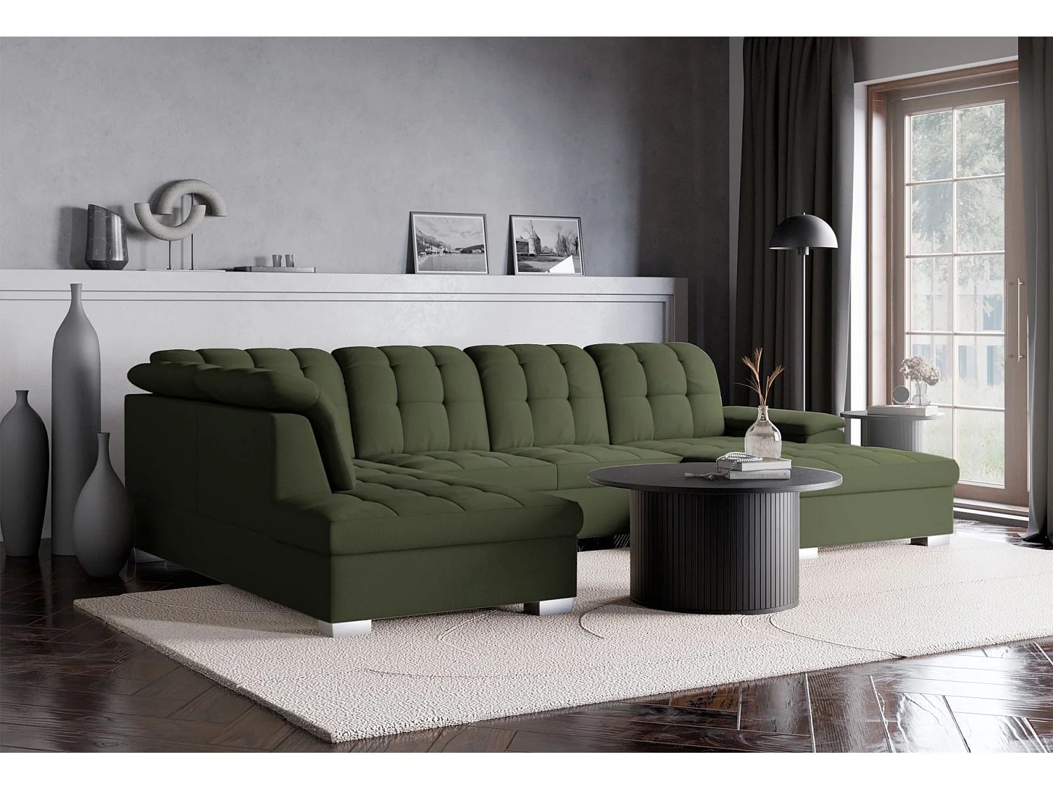 Canapé d'angle U convertible –vert olive tressé– côté droit – JAMAAL