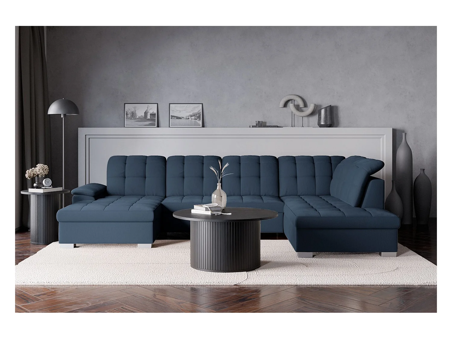 Canapé d'angle U convertible –marine blau tressé– côté gauche – JAMAAL