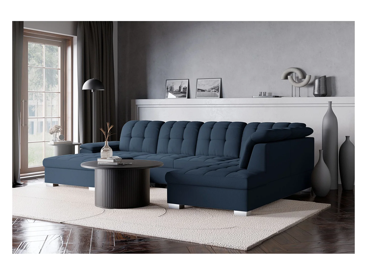 Canapé d'angle U convertible –marine blau tressé– côté gauche – JAMAAL