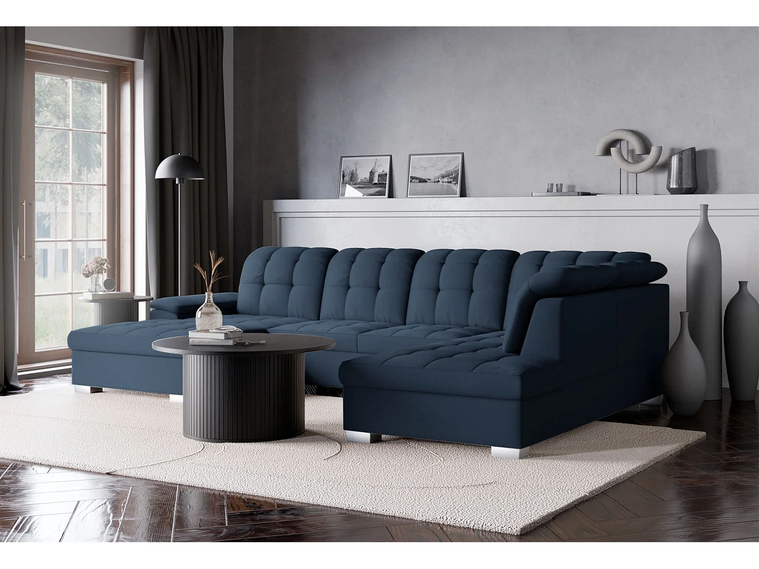 Wohnlandschaft - Schlaffunktion und Stauraum - linksseitig - marineblau - JAMAAL