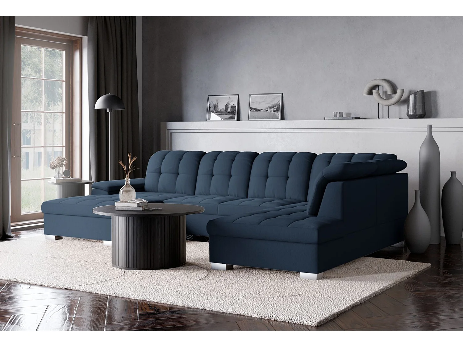 Canapé d'angle U convertible –marine blau tressé– côté gauche – JAMAAL