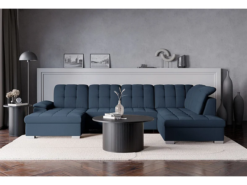 Canapé d'angle U convertible –marine blau tressé– côté gauche – JAMAAL