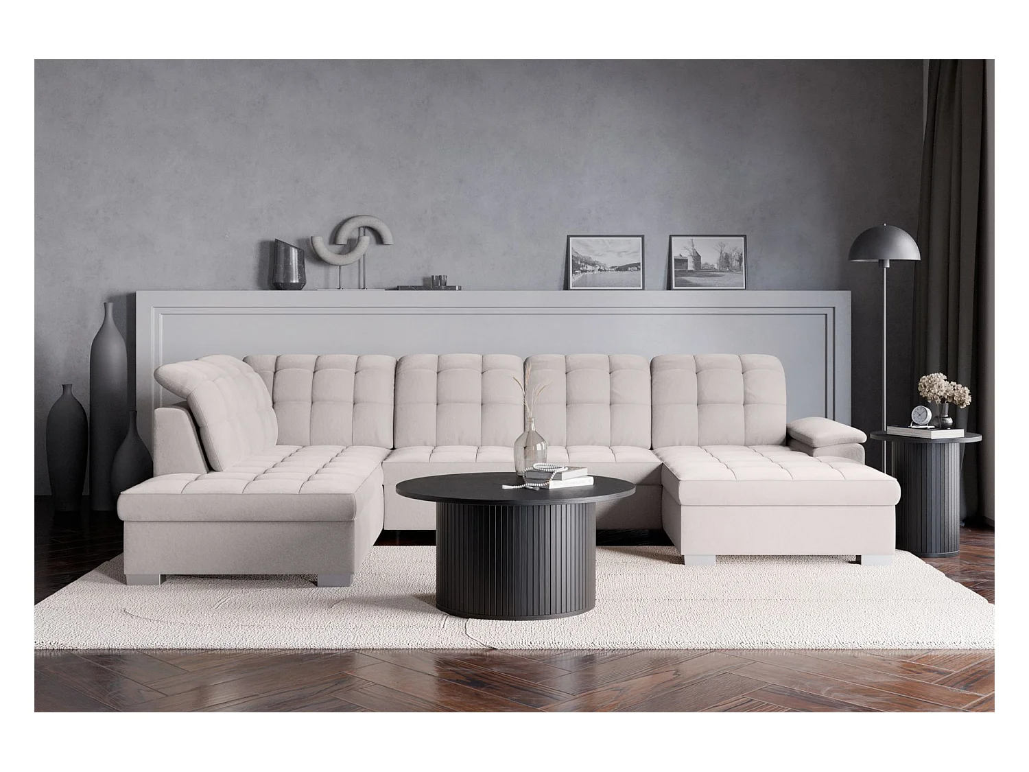 Canapé d'angle U convertible –gris clair– côté droit – JAMAAL