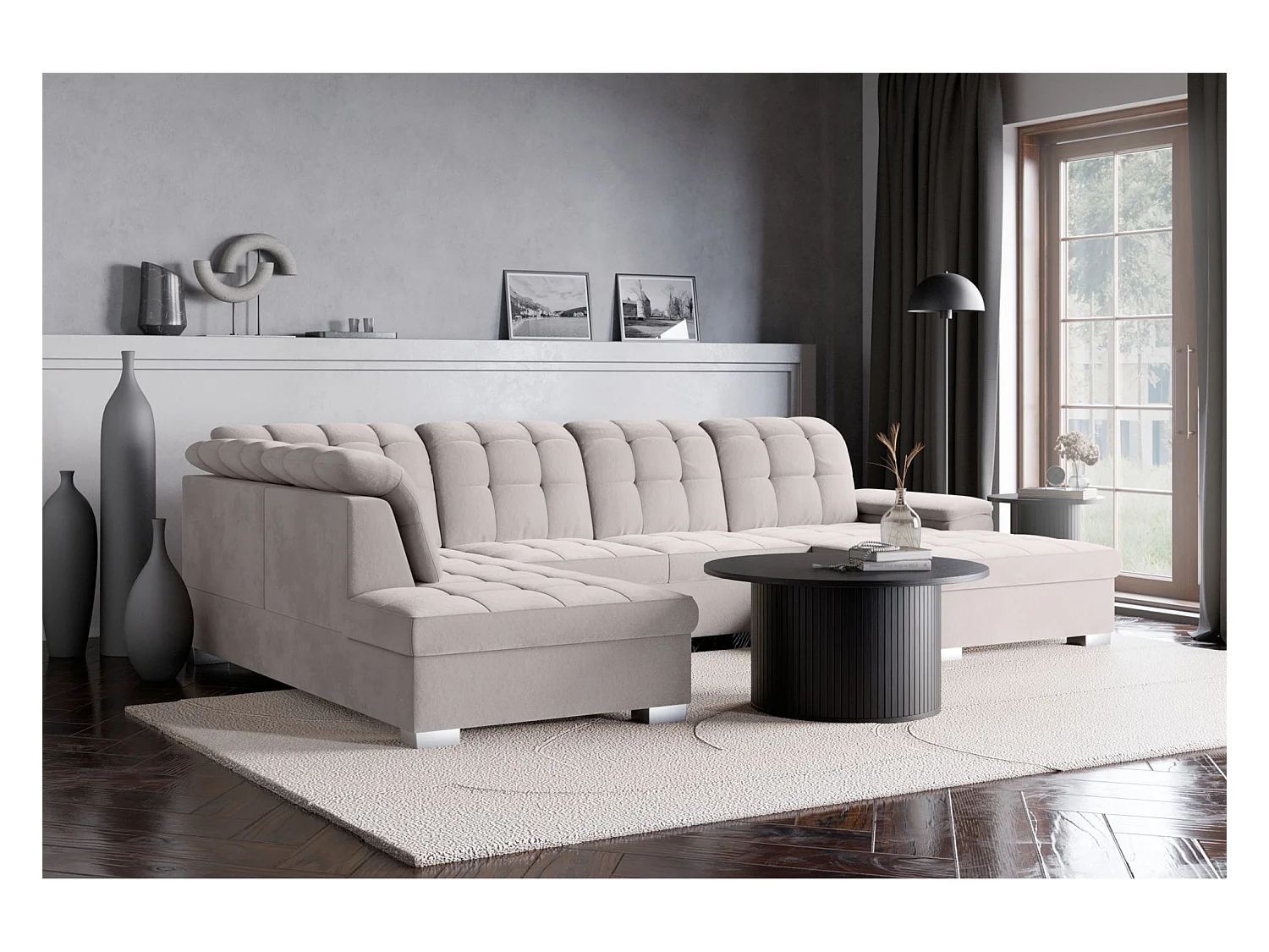 Canapé d'angle U convertible –gris clair– côté droit – JAMAAL