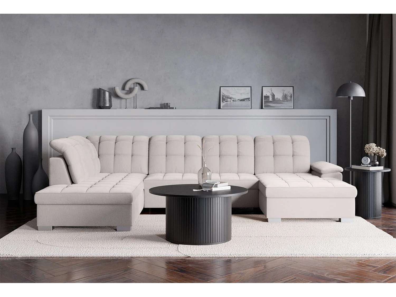 Wohnlandschaft - Schlaffunktion und Veloursbezug - rechts - hellgrau - JAMAAL