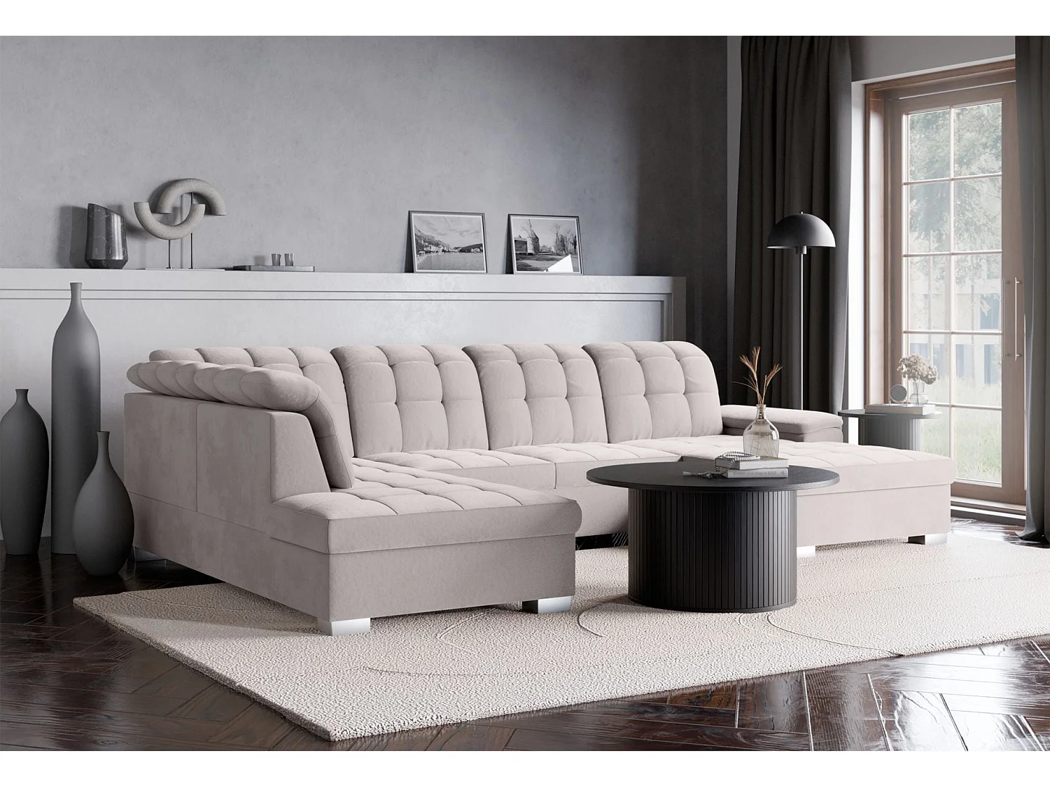 Canapé d'angle U convertible –gris clair– côté droit – JAMAAL