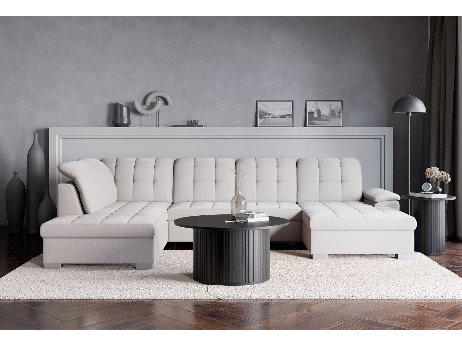 Canapé d'angle U convertible – crème tressé– côté droit – JAMAAL