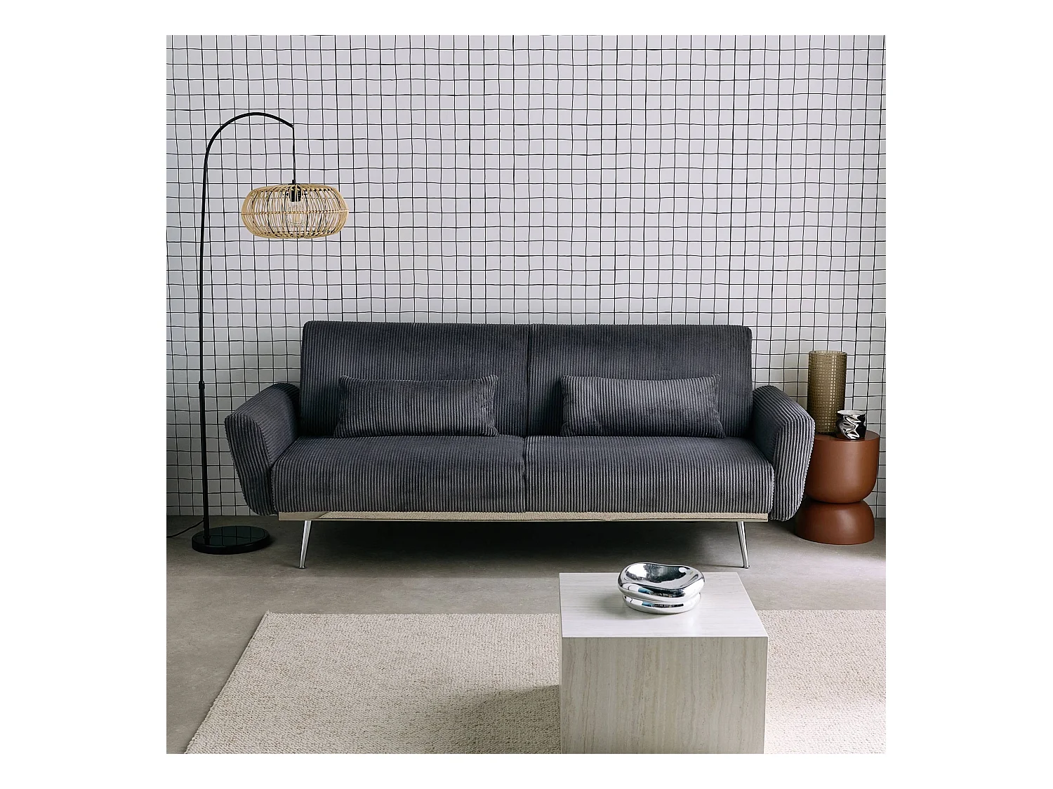 Canapé convertible design en velours côtelé gris foncé - Oskar - 3 places scandinave droit avec pieds métal chromé