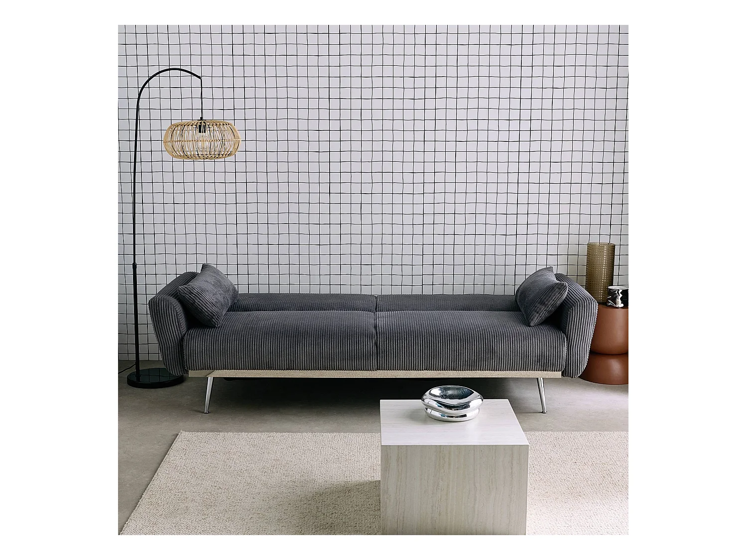 Canapé convertible design en velours côtelé gris foncé - Oskar - 3 places scandinave droit avec pieds métal chromé