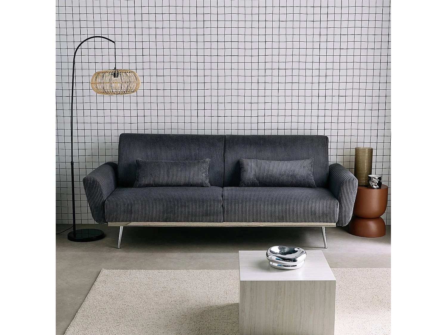 Canapé convertible design en velours côtelé gris foncé - Oskar - 3 places scandinave droit avec pieds métal chromé