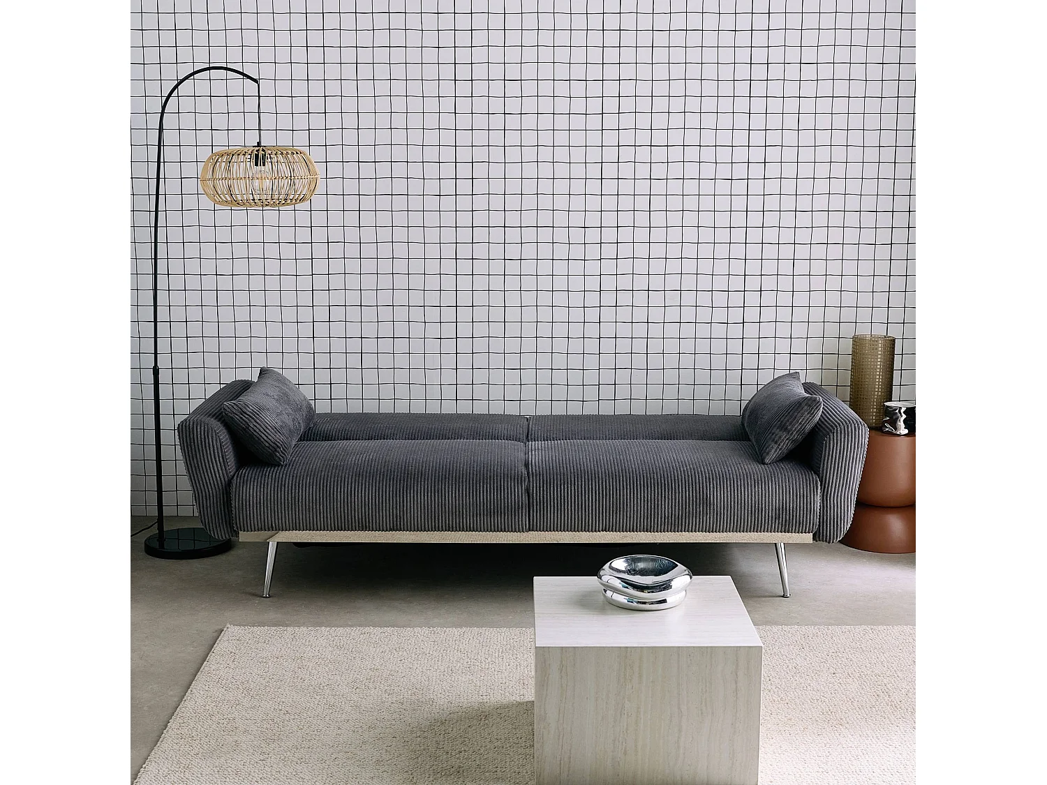 Canapé convertible design en velours côtelé gris foncé - Oskar - 3 places scandinave droit avec pieds métal chromé