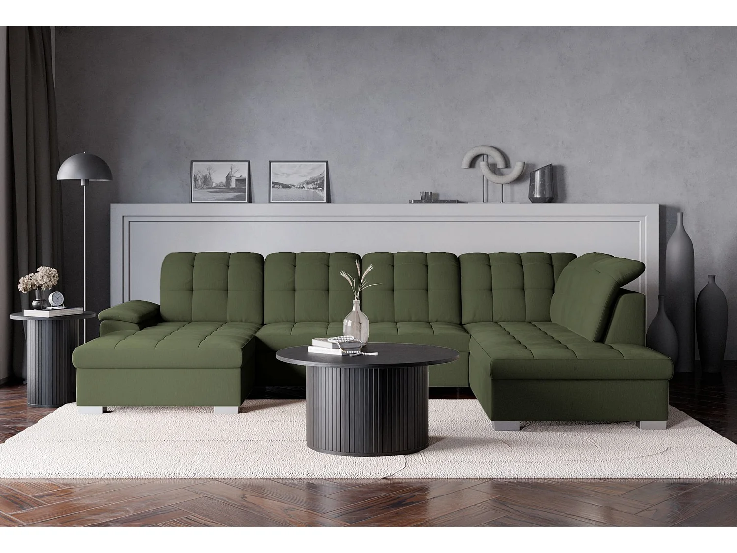 Canapé d'angle U convertible –vert olive tressé– côté gauche – JAMAAL