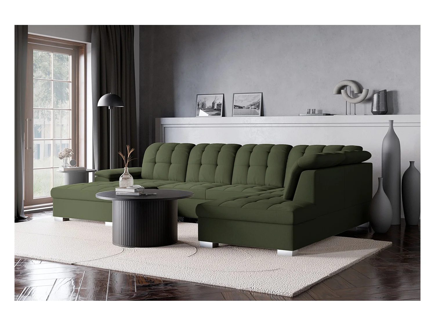 Canapé d'angle U convertible –vert olive tressé– côté gauche – JAMAAL