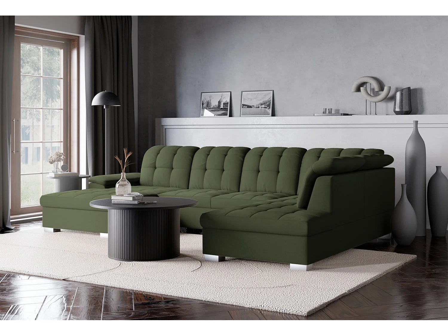 Canapé d'angle U convertible –vert olive tressé– côté gauche – JAMAAL