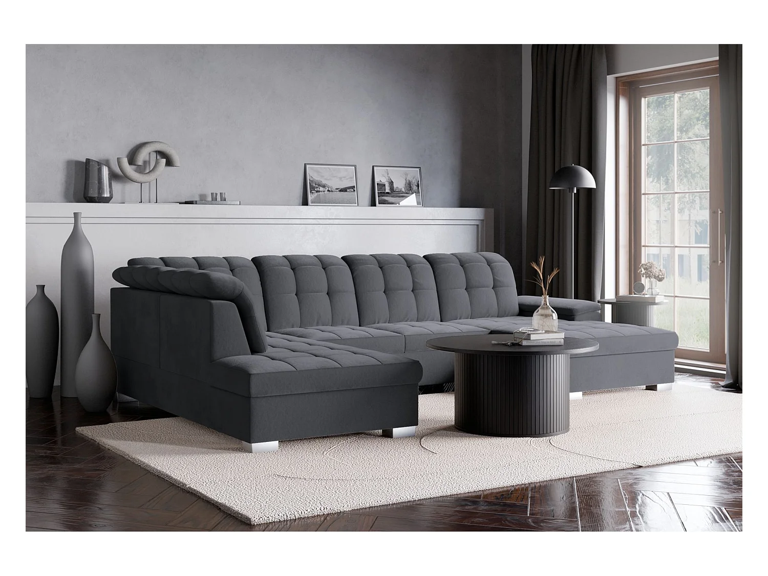 Canapé d'angle U convertible –gris foncé– côté droit – JAMAAL