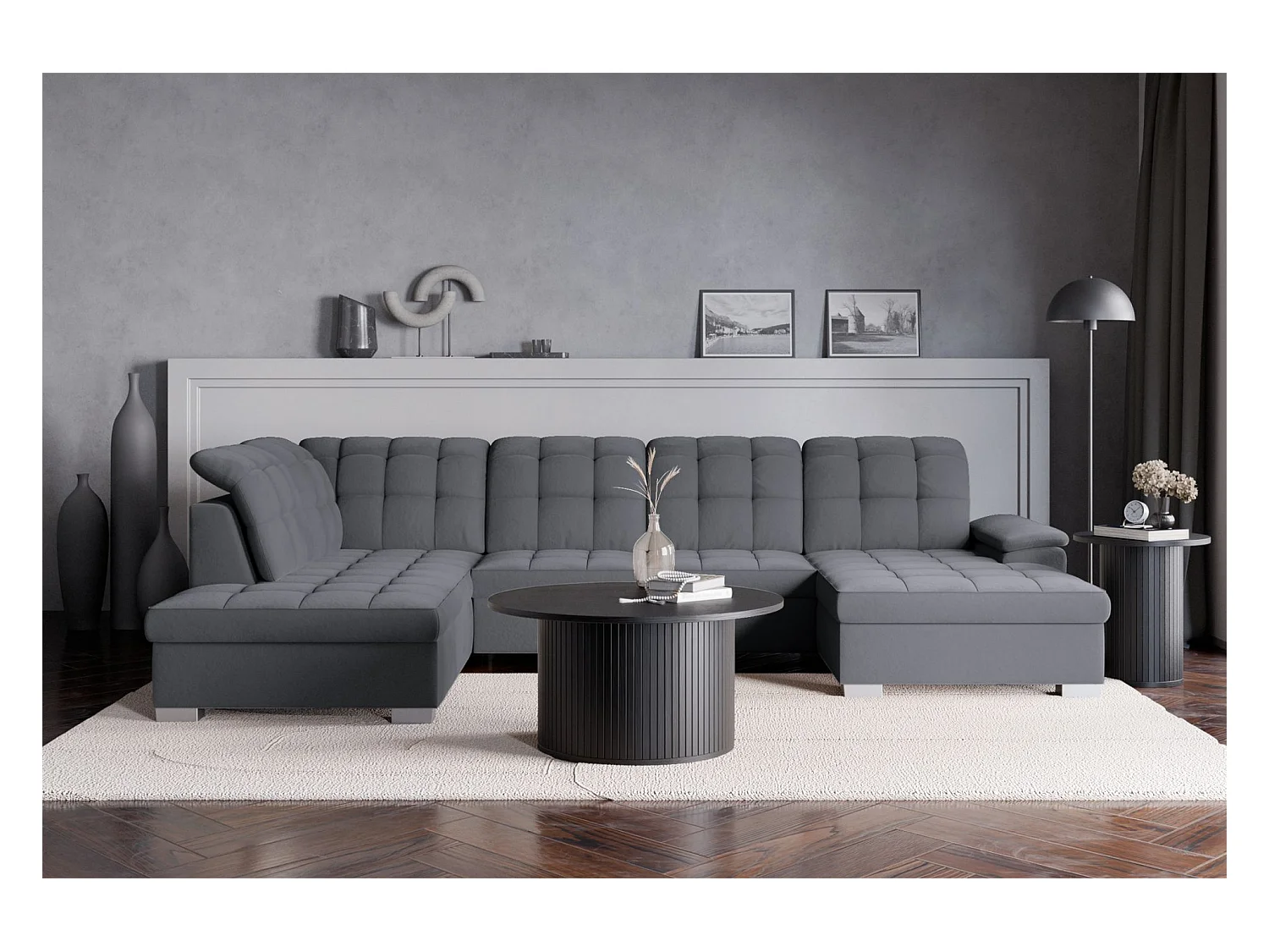 Canapé d'angle U convertible –gris foncé– côté droit – JAMAAL