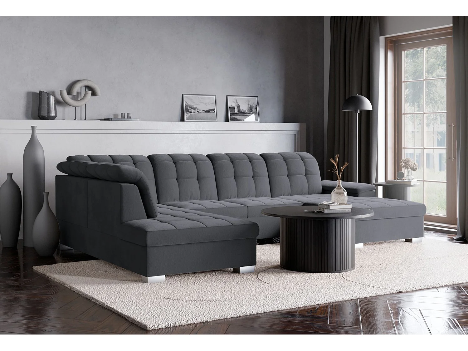 Wohnlandschaft - Schlaffunktion und Veloursbezug - rechts - dunkelgrau - JAMAAL