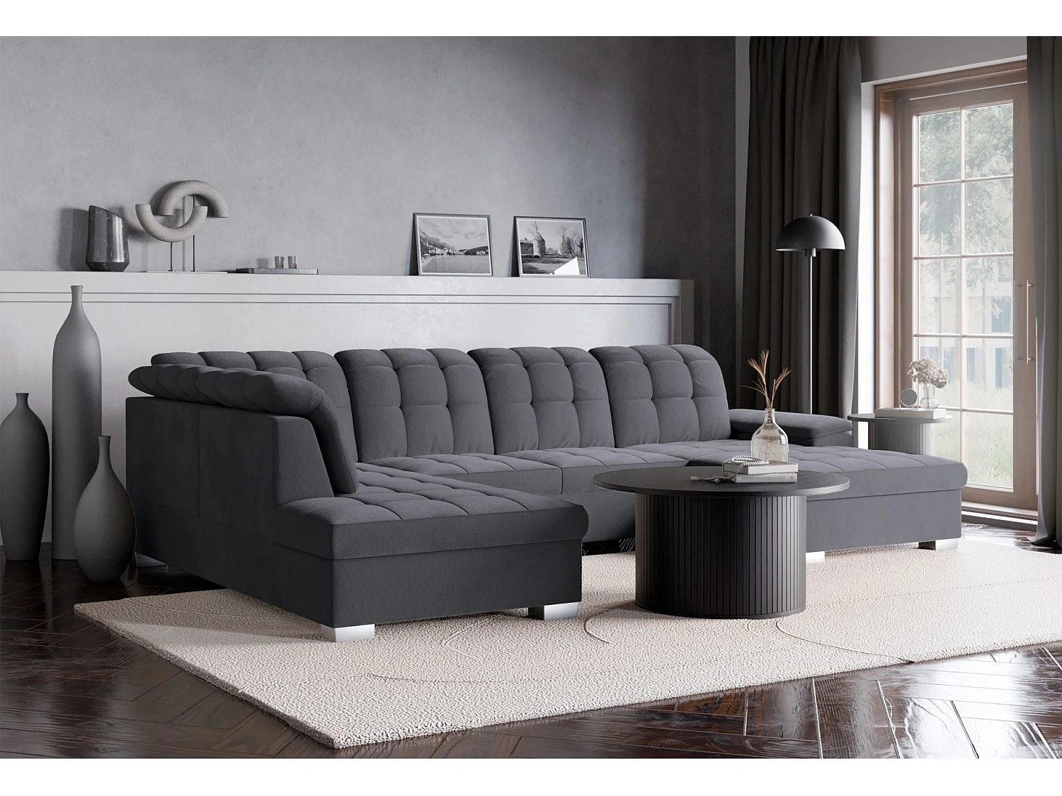 Canapé d'angle U convertible –gris foncé– côté droit – JAMAAL