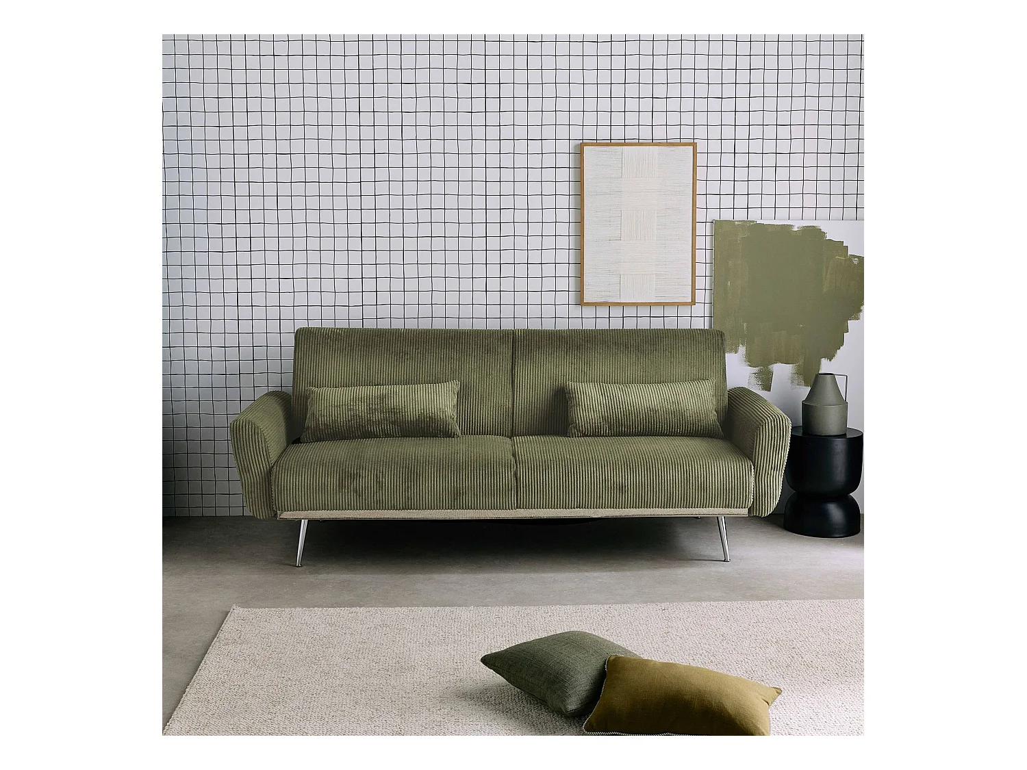 Canapé convertible design en velours côtelé kaki - Oskar - 3 places scandinave droit avec pieds métal chromé