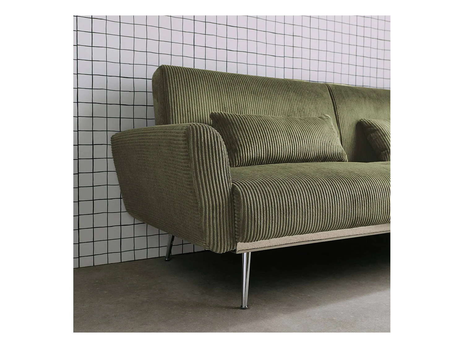 Canapé convertible design en velours côtelé kaki - Oskar - 3 places scandinave droit avec pieds métal chromé