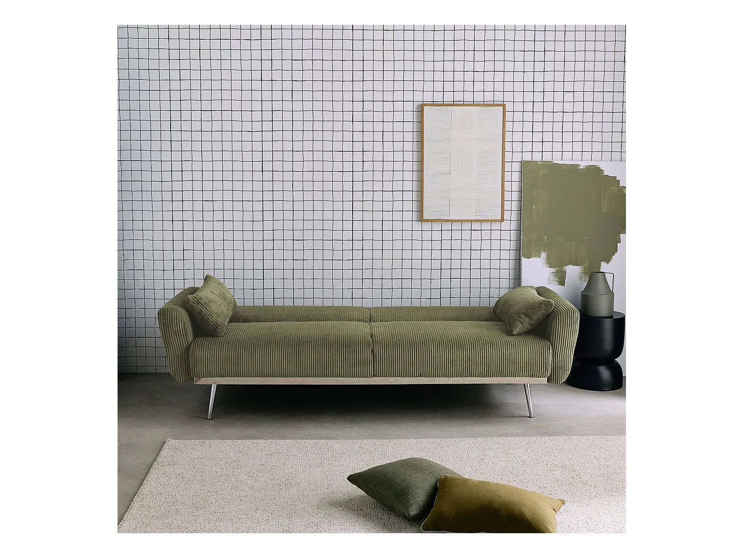 Canapé convertible design en velours côtelé kaki - Oskar - 3 places scandinave droit avec pieds métal chromé