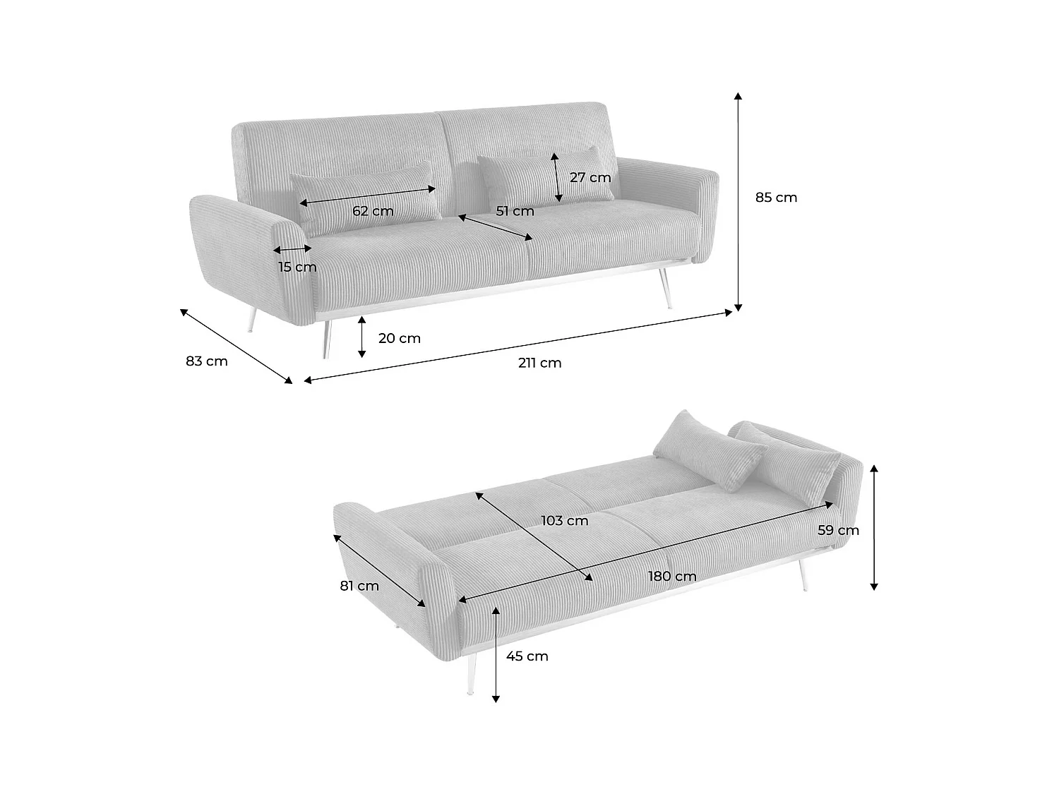 Canapé convertible design en velours côtelé kaki - Oskar - 3 places scandinave droit avec pieds métal chromé