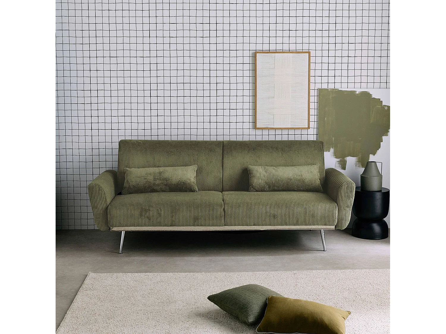 Canapé convertible design en velours côtelé kaki - Oskar - 3 places scandinave droit avec pieds métal chromé