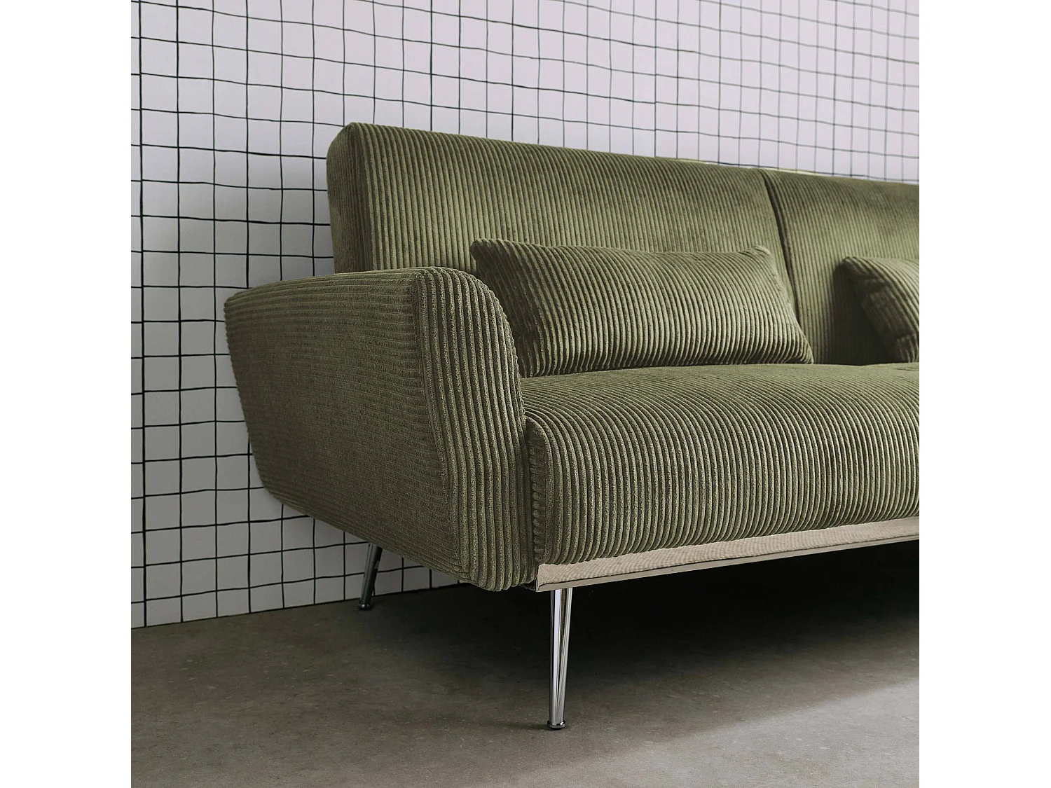 Canapé convertible design en velours côtelé kaki - Oskar - 3 places scandinave droit avec pieds métal chromé