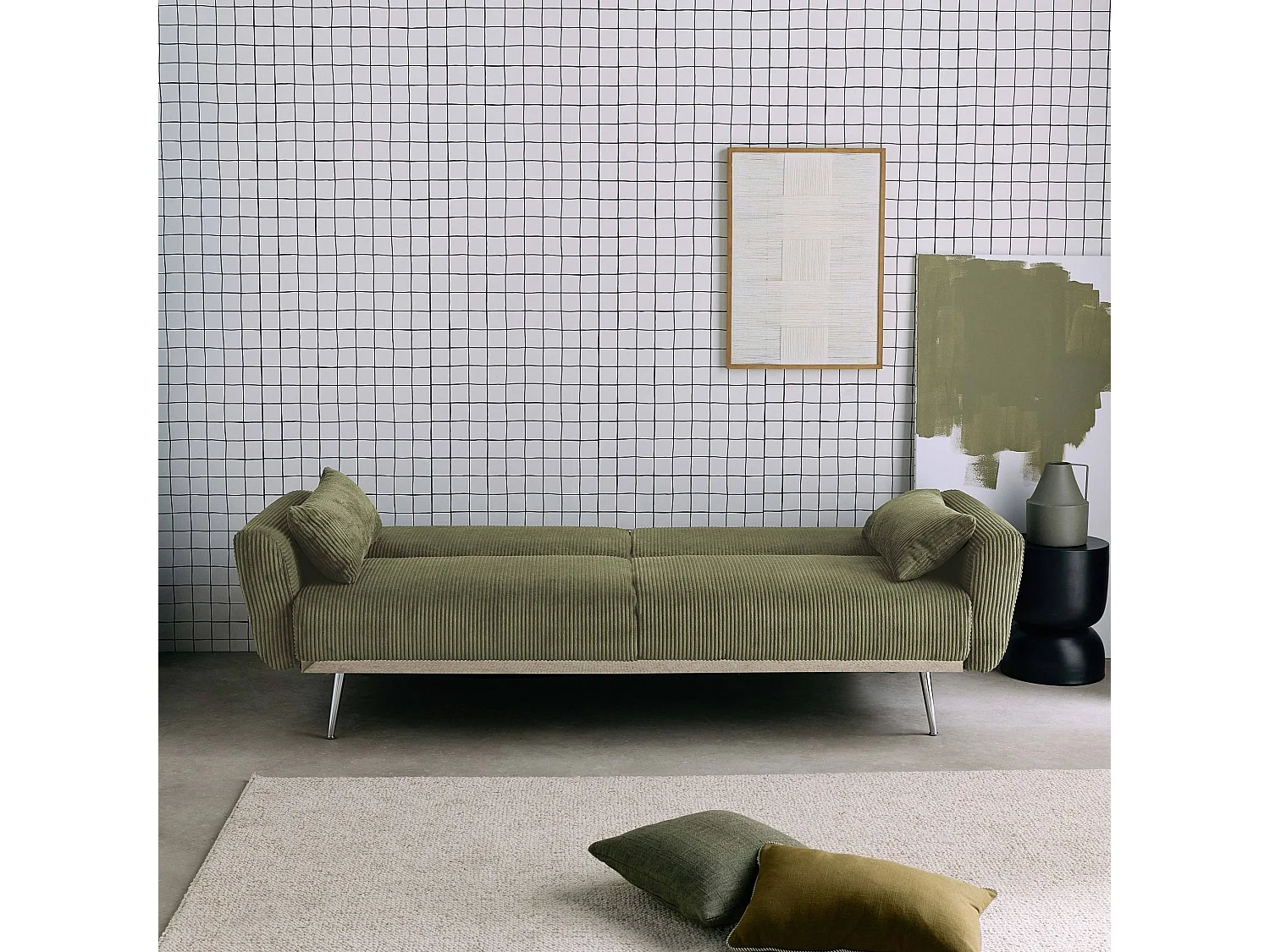 Canapé convertible design en velours côtelé kaki - Oskar - 3 places scandinave droit avec pieds métal chromé