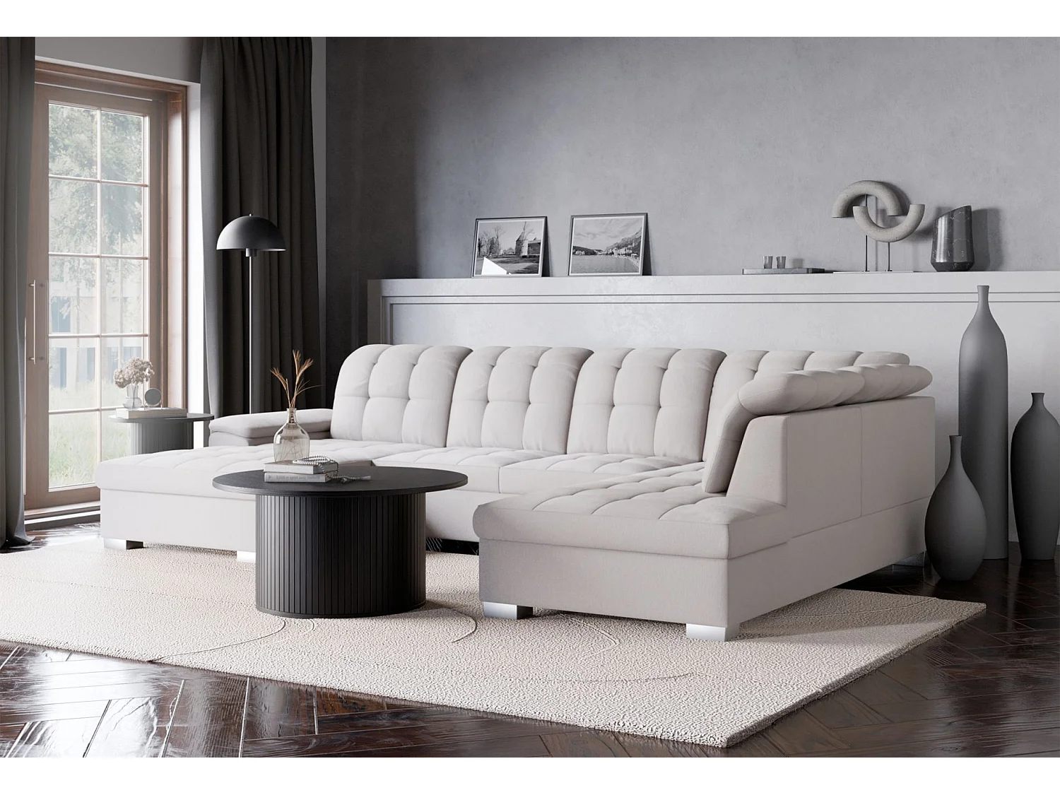 Wohnlandschaft - Schlaffunktion und Stauraum - linksseitig - creme - JAMAAL