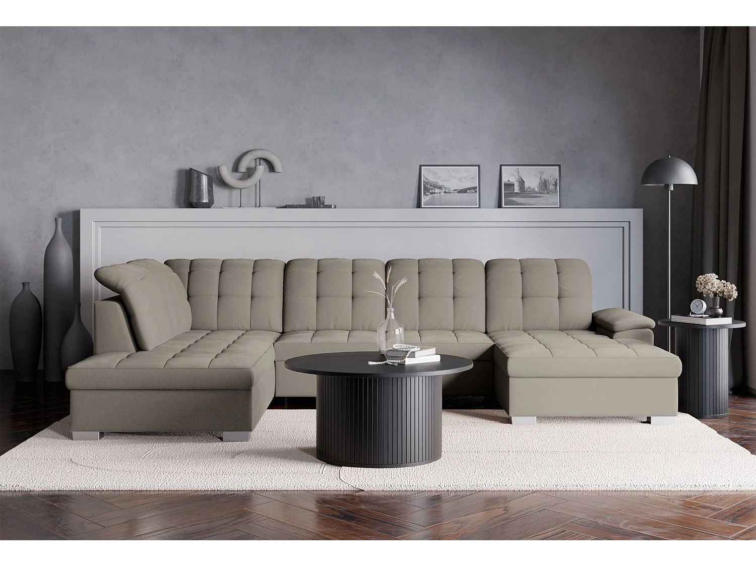 Canapé d'angle U convertible – grège tressé– côté droit – JAMAAL