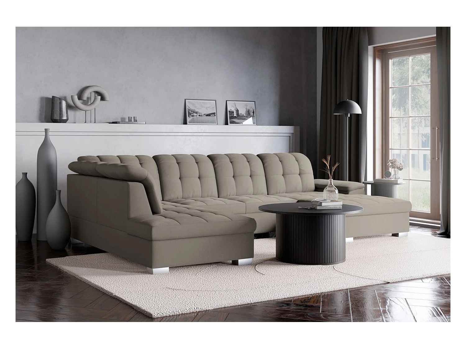 Canapé d'angle U convertible – grège tressé– côté droit – JAMAAL