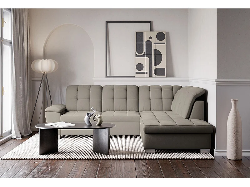 Ecksofa - Schlaffunktion und Stauraum - rechtsseitig - taupe - JAMAAL