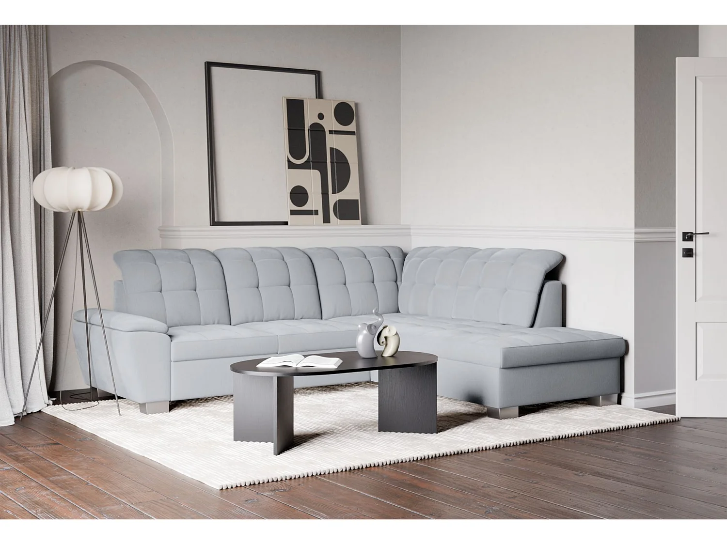 Ecksofa - Schlaffunktion und Stauraum - rechtsseitig - hellgrau - JAMAAL