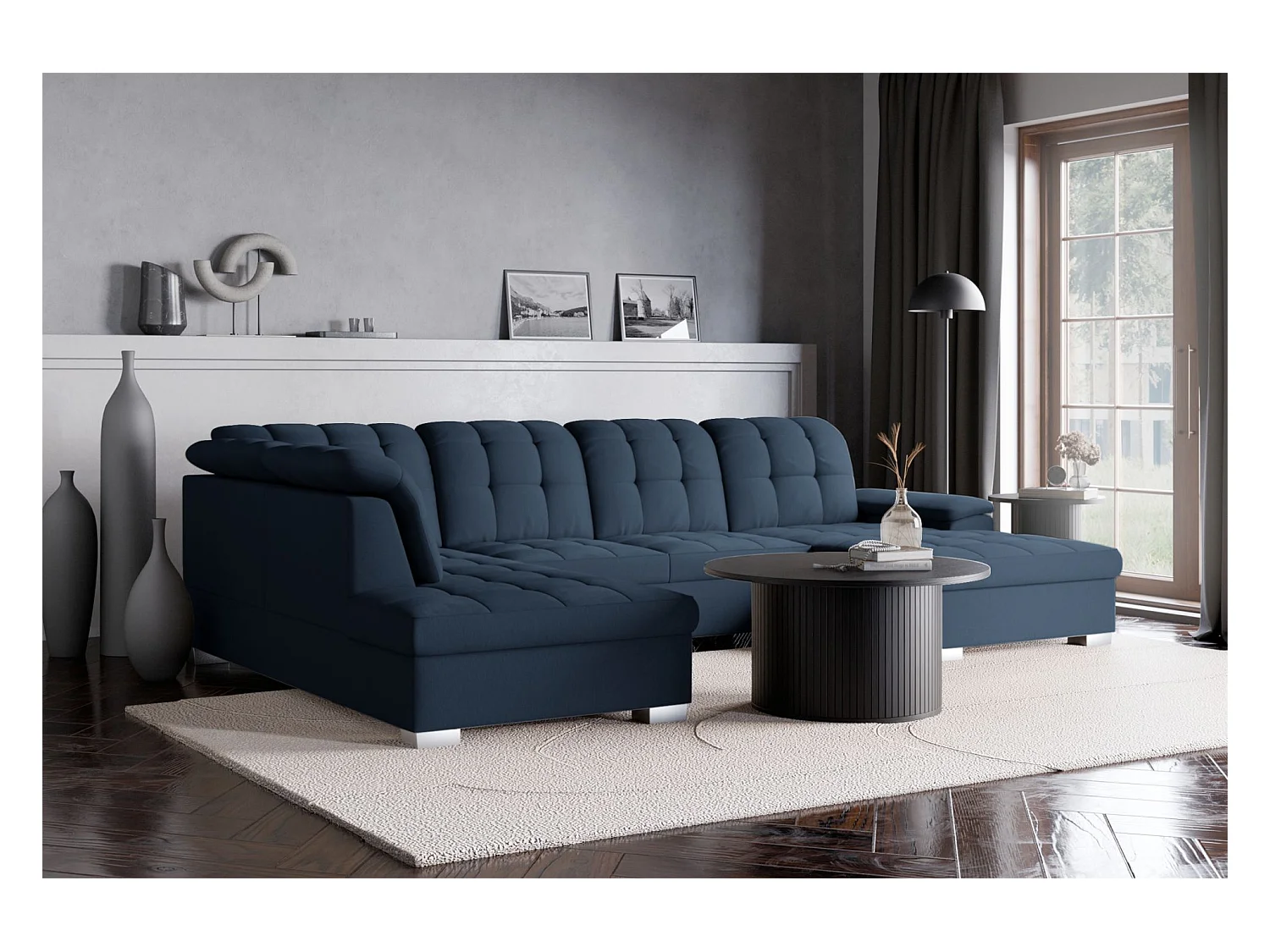 Canapé d'angle U convertible –marine blau tressé– côté droit – JAMAAL