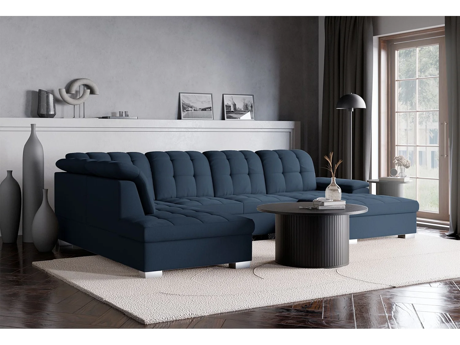 Canapé d'angle U convertible –marine blau tressé– côté droit – JAMAAL