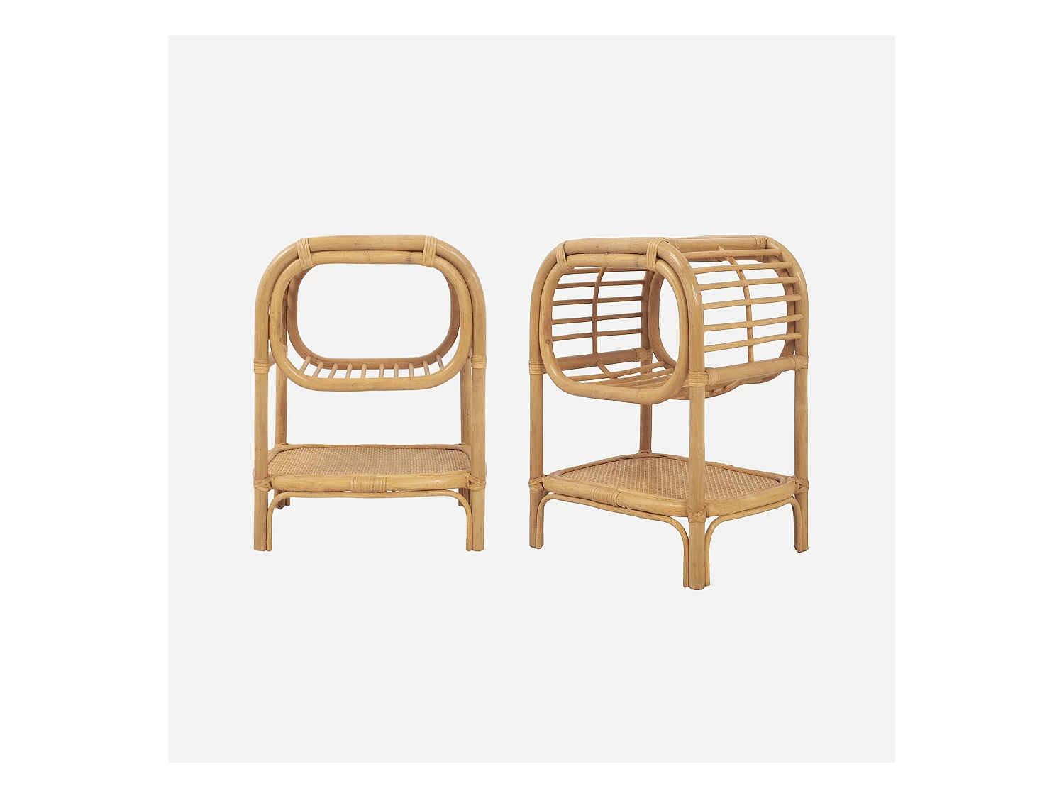 Set di 2 comodini in rattan naturale curvato, 1 vano, marrone naturale