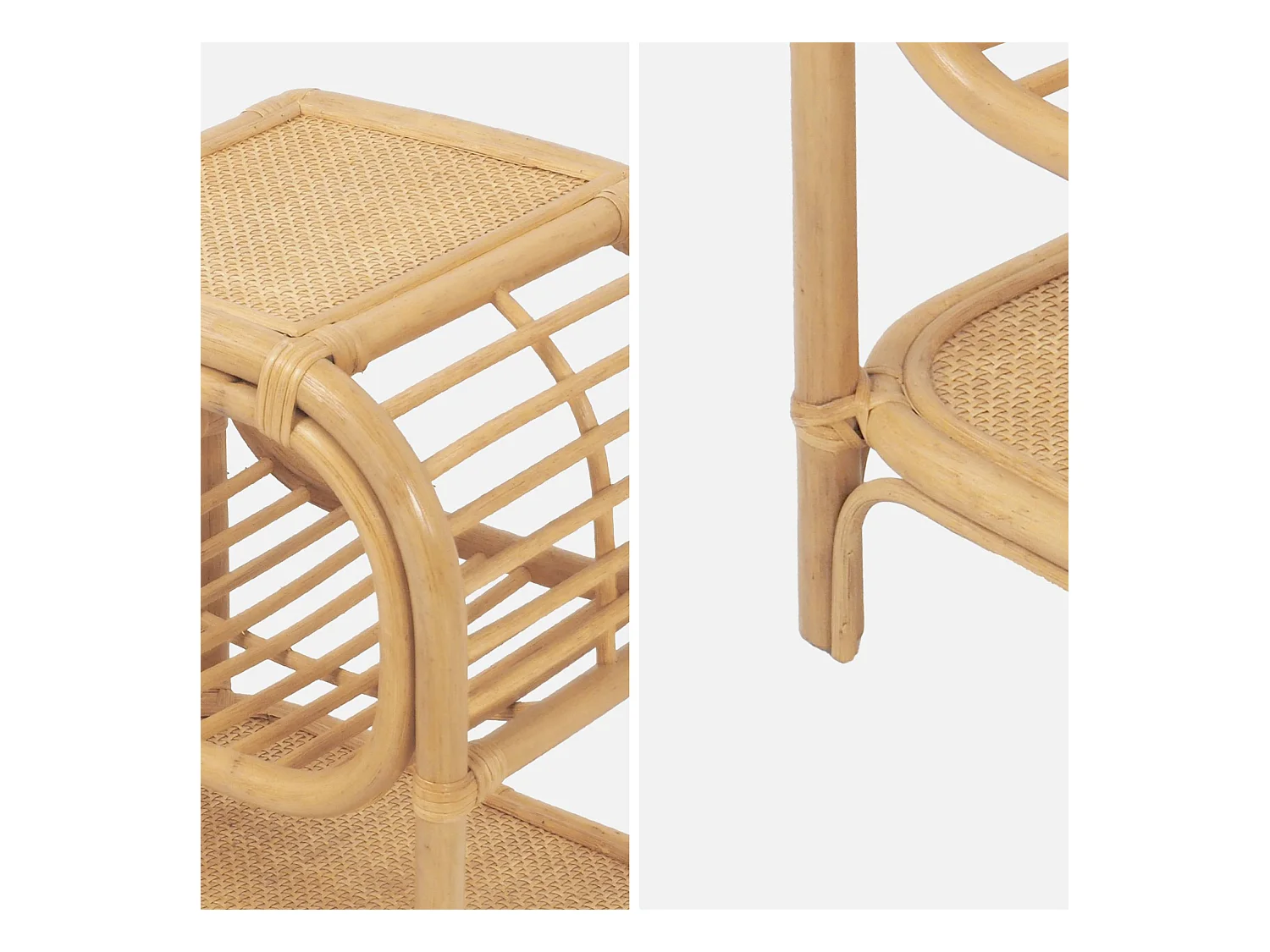 Set di 2 comodini in rattan naturale curvato, 1 vano, marrone naturale