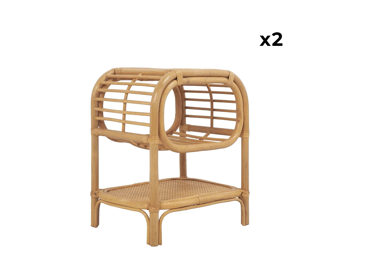 Set di 2 comodini in rattan naturale curvato, 1 vano, marrone naturale