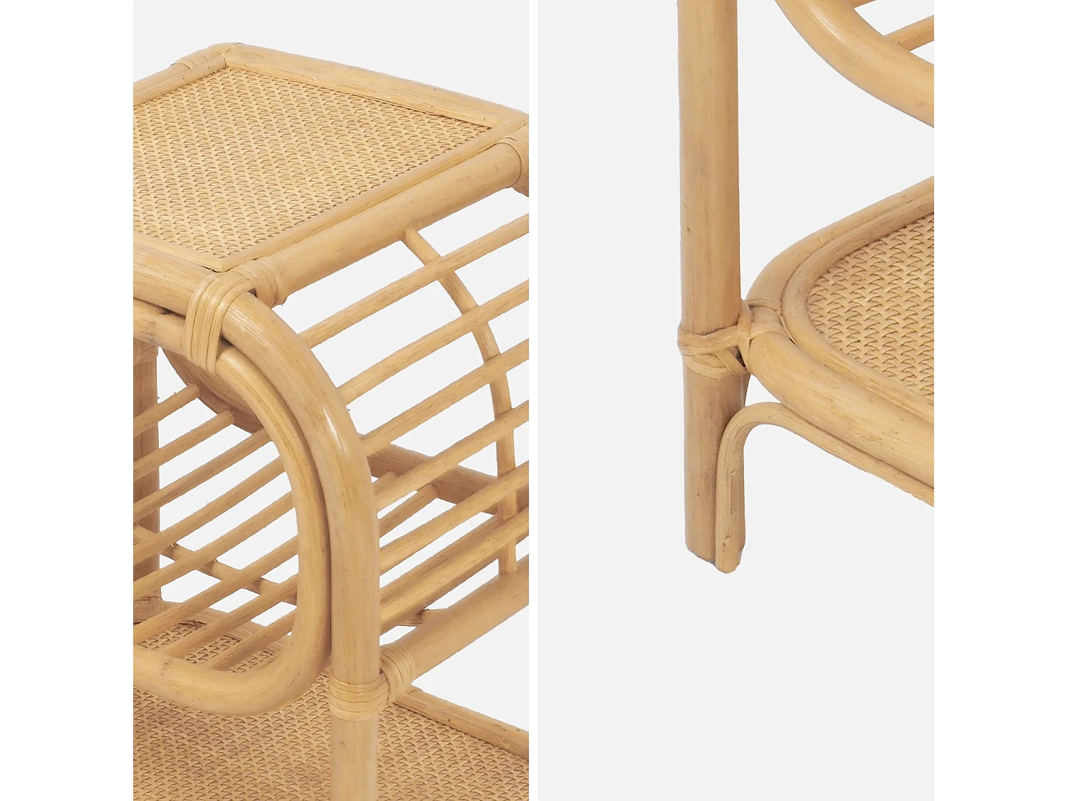 Set di 2 comodini in rattan naturale curvato, 1 vano, marrone naturale