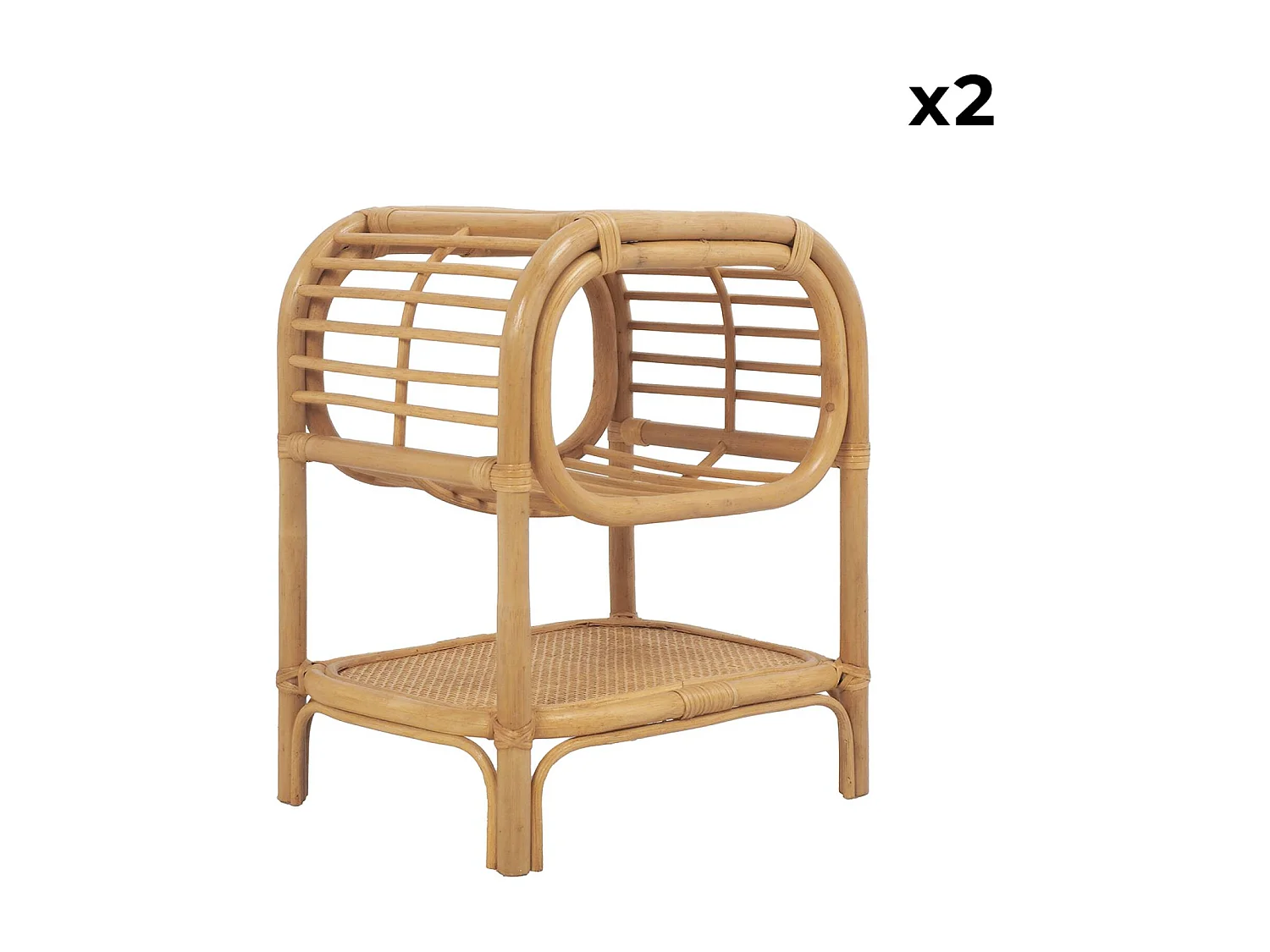 Set di 2 comodini in rattan naturale curvato, 1 vano, marrone naturale