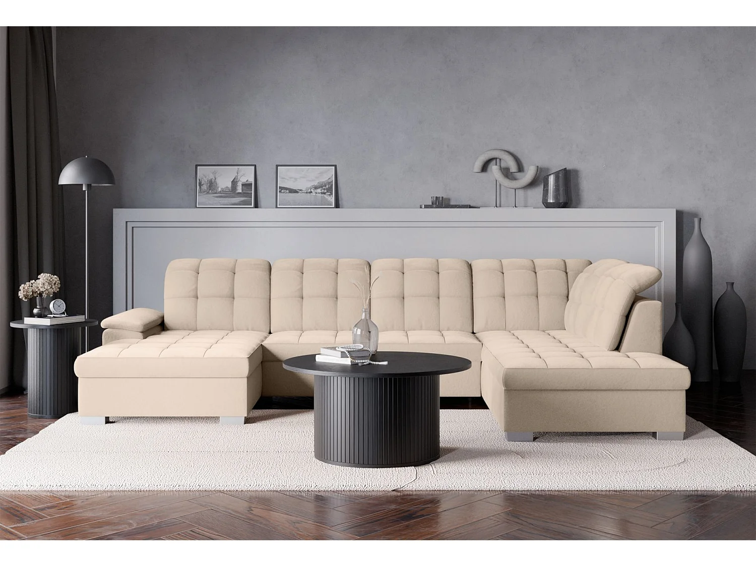 Canapé d'angle U convertible – beige– côté gauche – JAMAAL