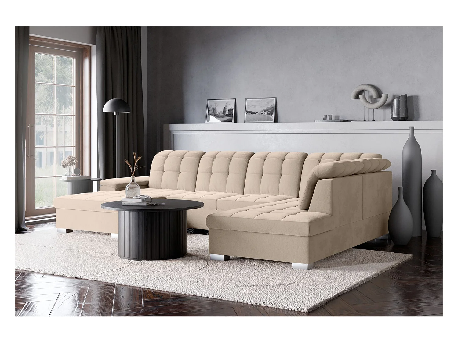 Canapé d'angle U convertible – beige– côté gauche – JAMAAL