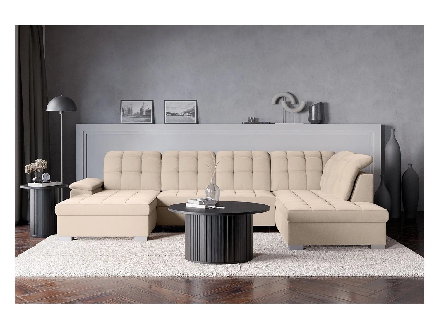 Canapé d'angle U convertible – beige– côté gauche – JAMAAL