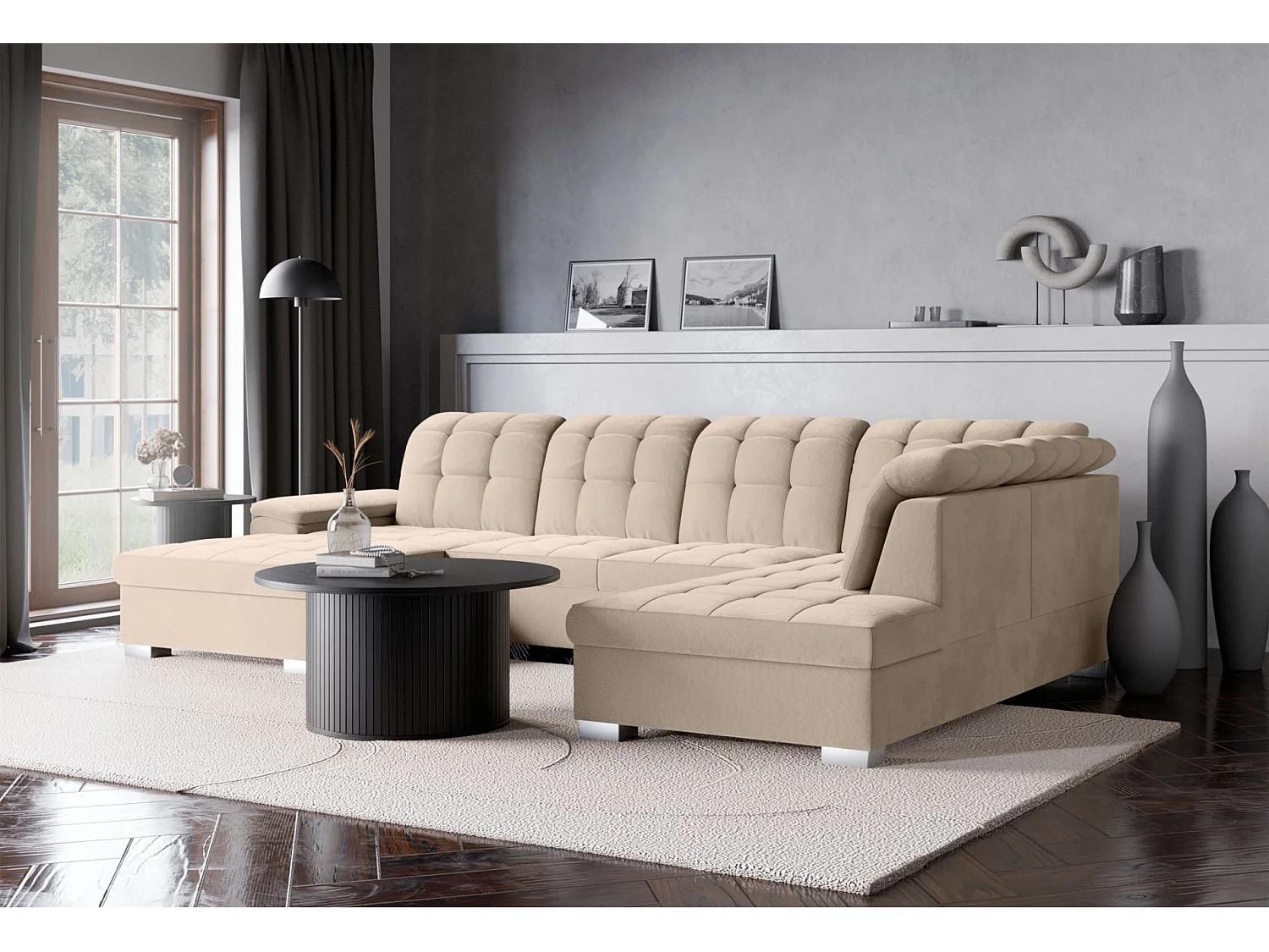 Wohnlandschaft - Schlaffunktion und Veloursbezug - links - beige - JAMAAL