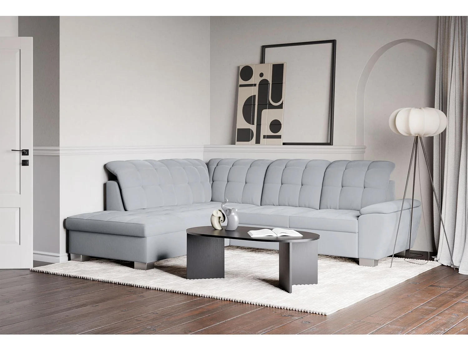 Ecksofa - Schlaffunktion und Stauraum - linksseitig - hellgrau - JAMAAL