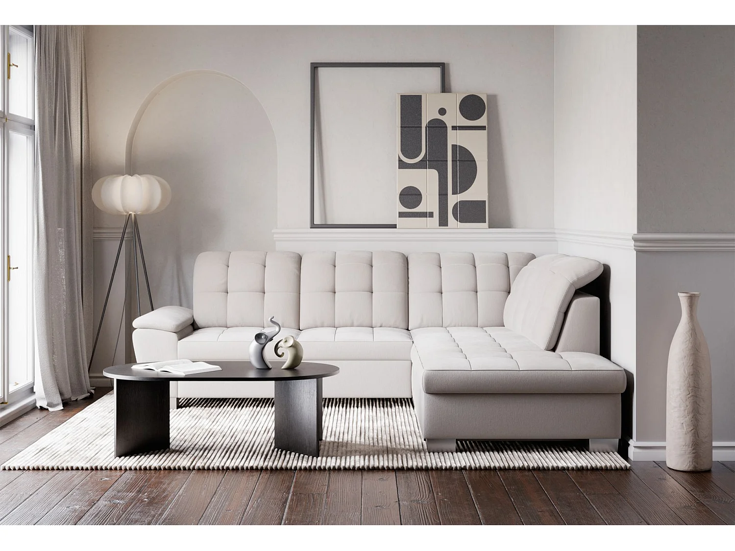 Ecksofa - Schlaffunktion und Stauraum - rechtsseitig - creme - JAMAAL