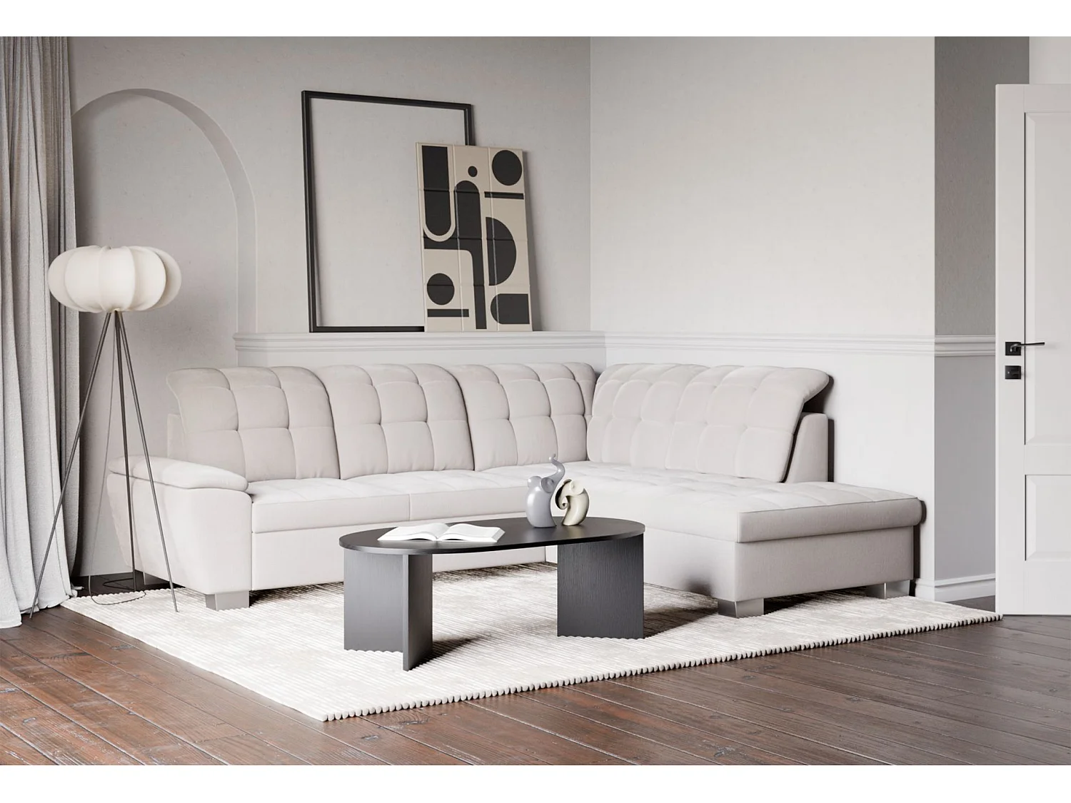 Ecksofa - Schlaffunktion und Stauraum - rechtsseitig - creme - JAMAAL